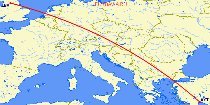 перелет Анталия — Лидс на карте