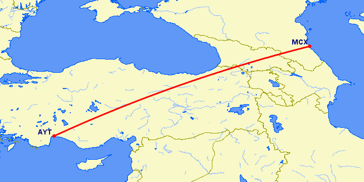 перелет Анталия — Махачкала на карте