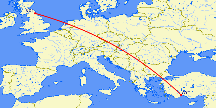 перелет Анталия — Ньюкасл на карте