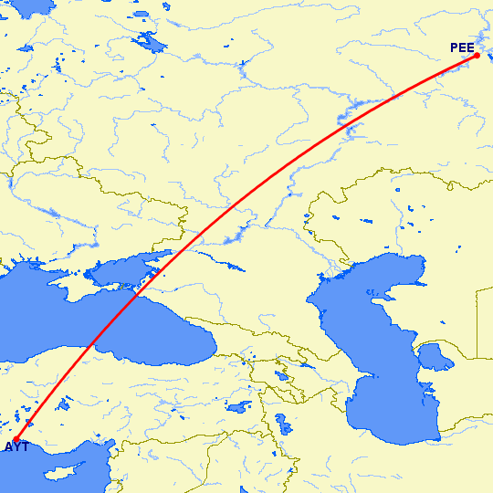 перелет Анталия — Пермь на карте