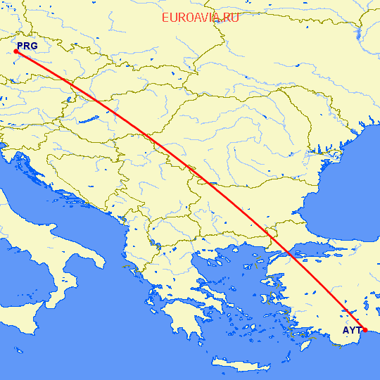 перелет Анталия — Прага на карте
