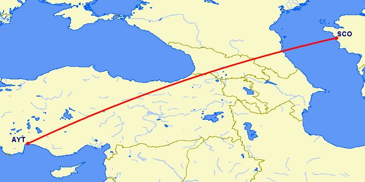 перелет Анталия — Актау на карте