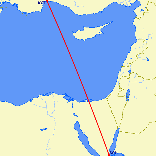 перелет Анталия — Шарм эль Шейх на карте