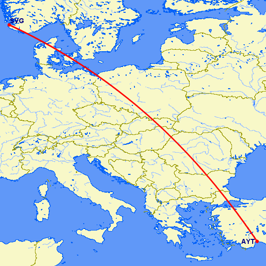 перелет Анталия — Ставангер на карте
