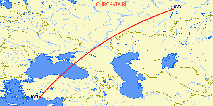 перелет Анталия — Екатеринбург на карте