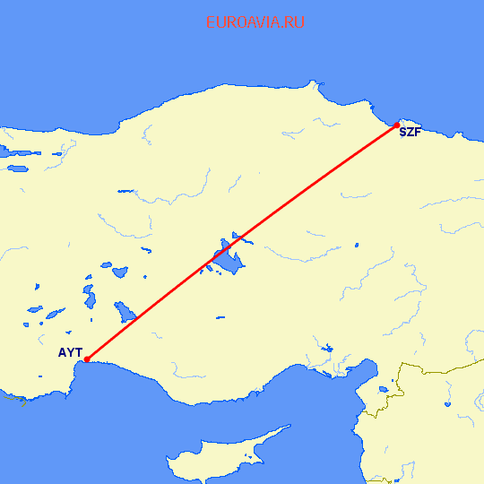 перелет Анталия — Самсун на карте