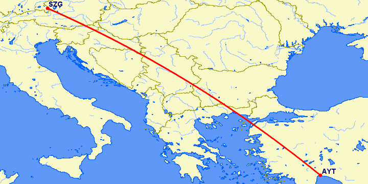 перелет Анталия — Зальцбург на карте