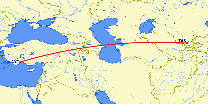 перелет Анталия — Ташкент на карте