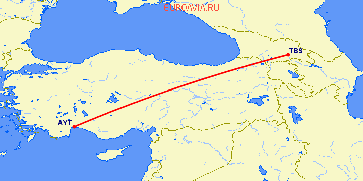 перелет Анталия — Тбилиси на карте
