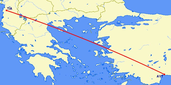 перелет Анталия — Тирана на карте