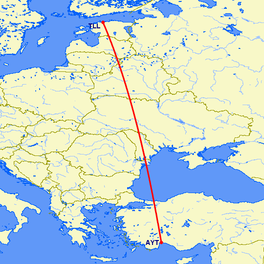 перелет Анталия — Таллин на карте