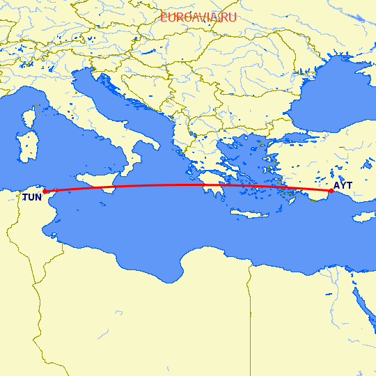 перелет Анталия — Тунис на карте