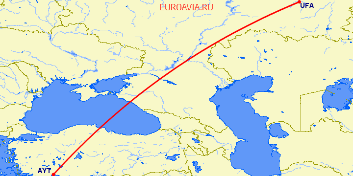 перелет Анталия — Уфа на карте