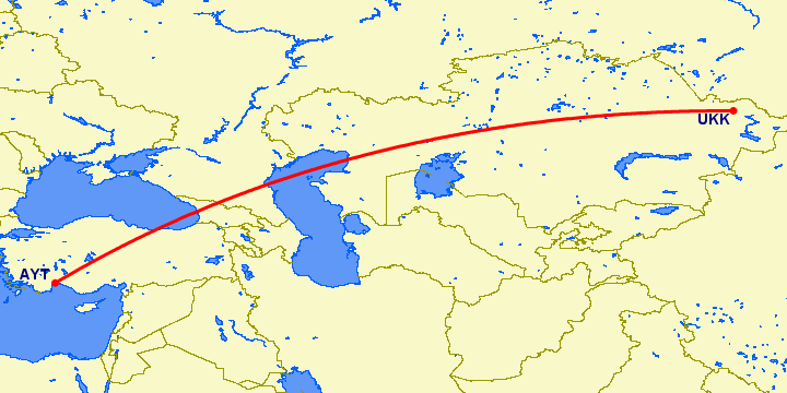 перелет Анталия — Усть Каменогорск на карте