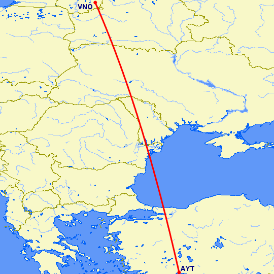 перелет Анталия — Вильнюс на карте