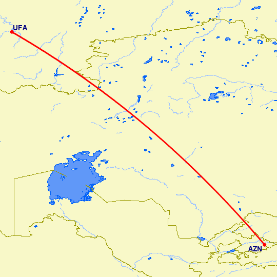 перелет Андижан — Уфа на карте