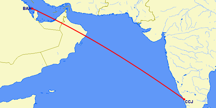 перелет Манама — Kozhikode на карте