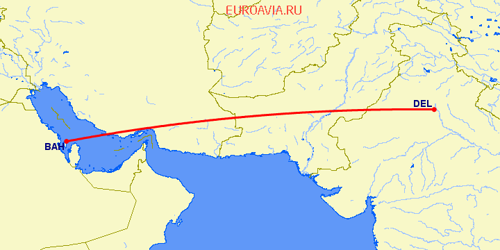 перелет Манама — Нью Дели на карте