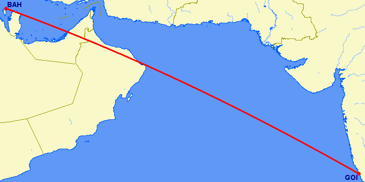 перелет Манама — Гоа на карте