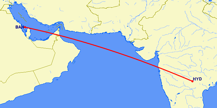 перелет Манама — Хидерабад на карте