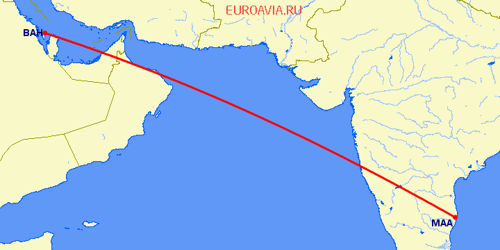 перелет Манама — Мадрас Ченнай на карте