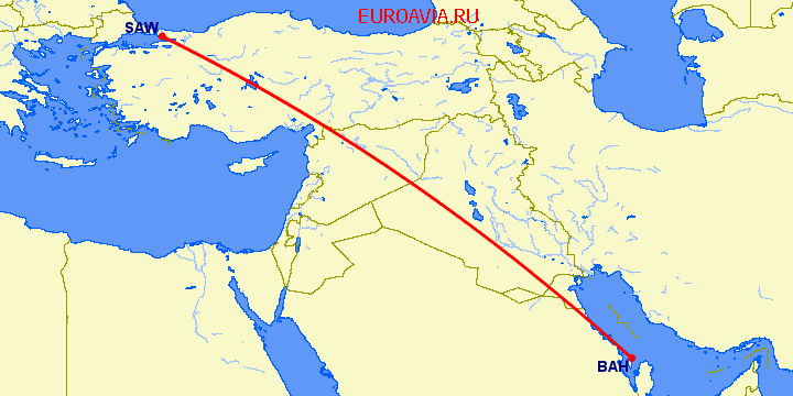 перелет Манама — Стамбул на карте