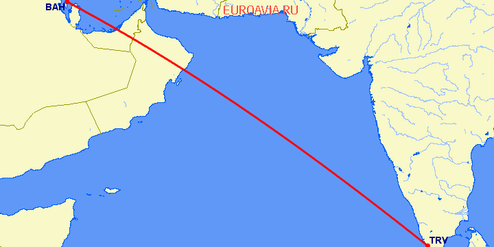 перелет Манама — Тривандрум на карте