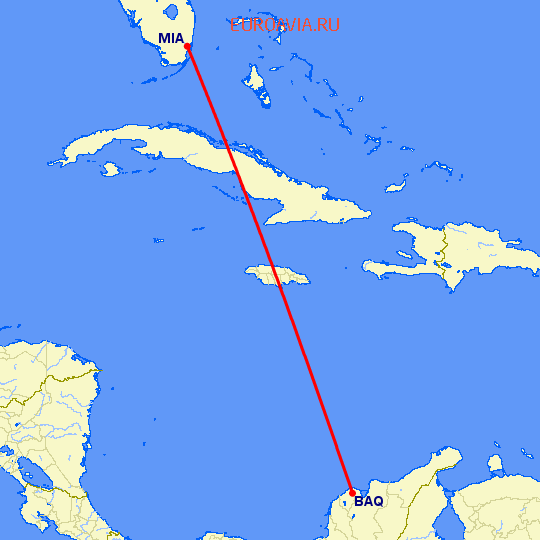 перелет Барранкуилла — Майами на карте