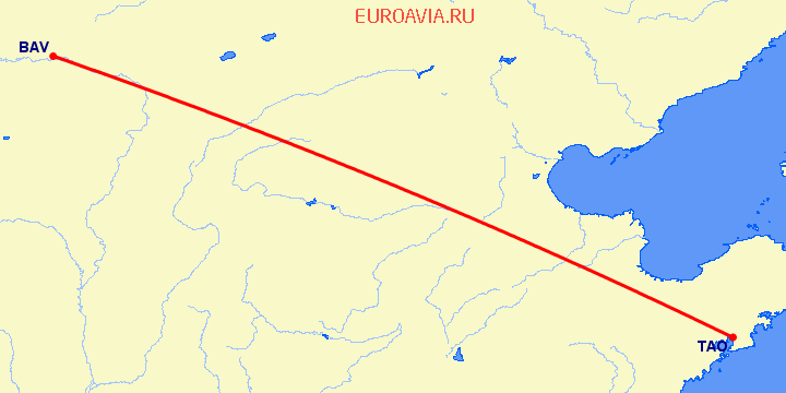 перелет Баотоу — Куаньдян на карте