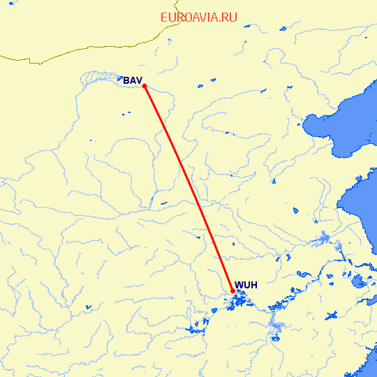перелет Баотоу — Вухан на карте
