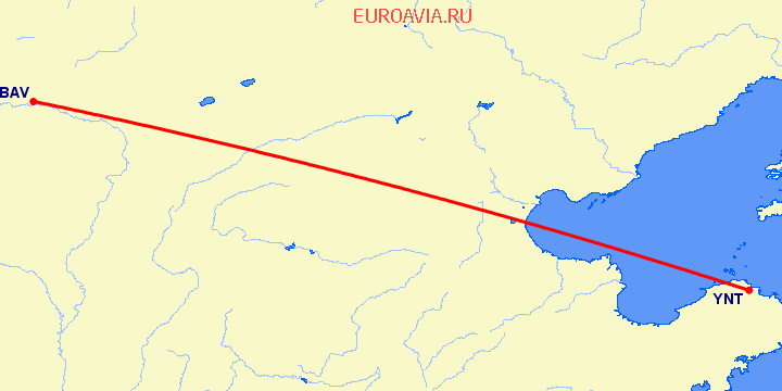 перелет Баотоу — Янтай на карте