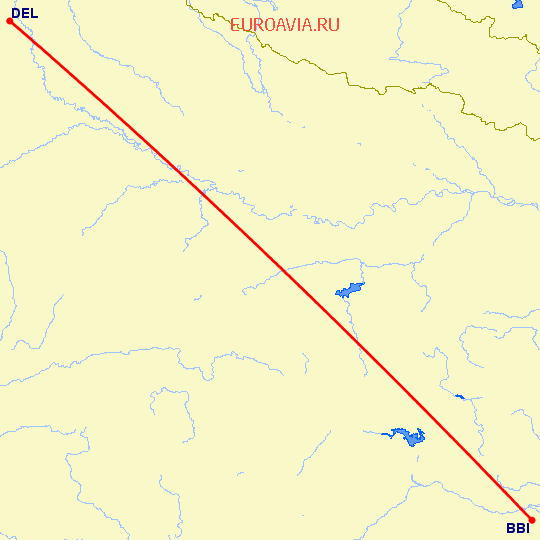 перелет Бхубанесвар — Нью Дели на карте
