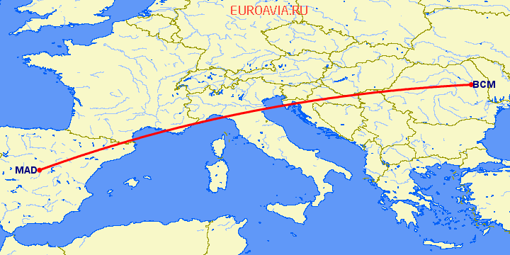 перелет Бакэу — Мадрид на карте