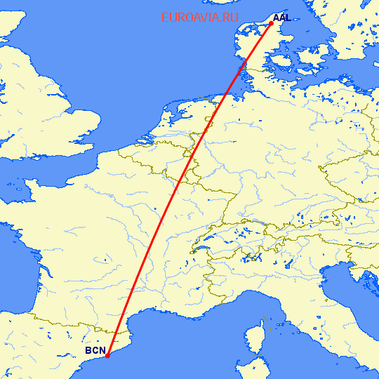 перелет Барселона — Ольборг на карте