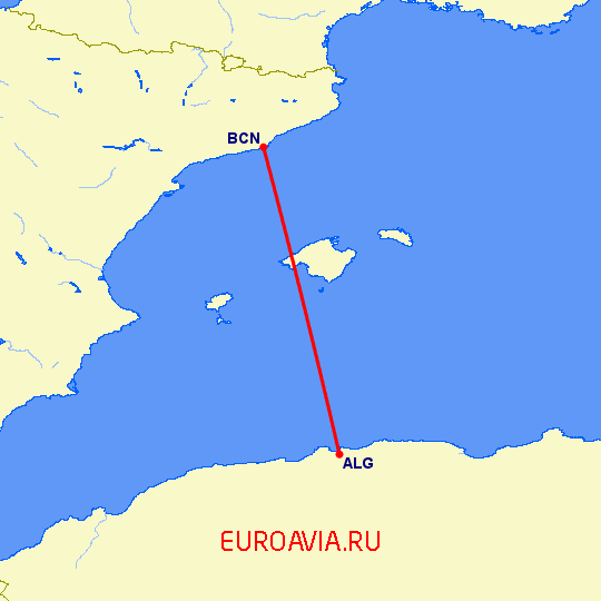 перелет Барселона — Алжир на карте