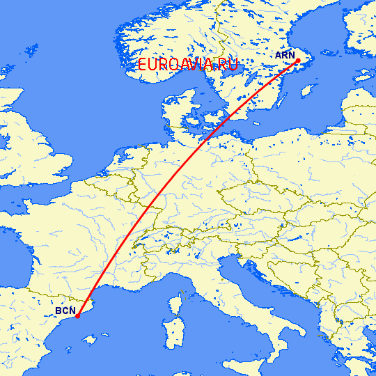 перелет Барселона — Стокгольм на карте