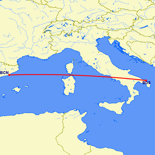 перелет Барселона — Бриндизи на карте