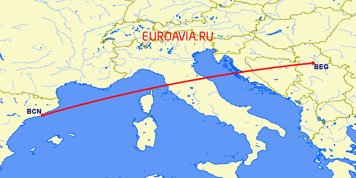 перелет Барселона — Белград на карте