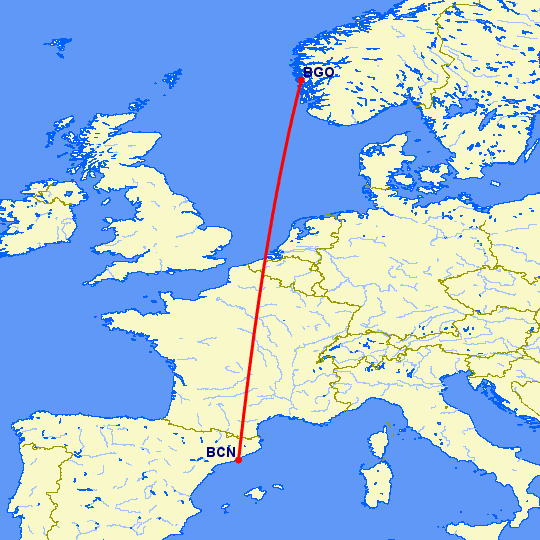 перелет Барселона — Берген на карте