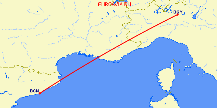 перелет Барселона — Бергамо на карте