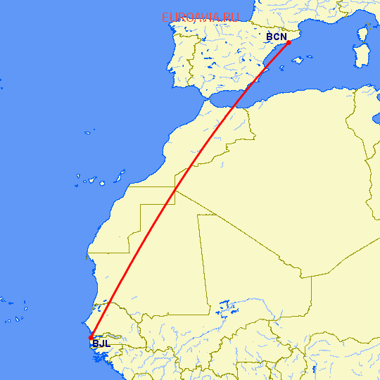 перелет Барселона — Банжул на карте