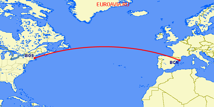 перелет Барселона — Бостон на карте