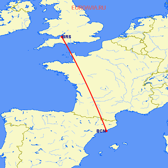 перелет Барселона — Бристоль на карте