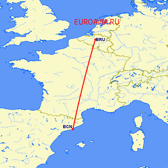 перелет Барселона — Брюссель на карте