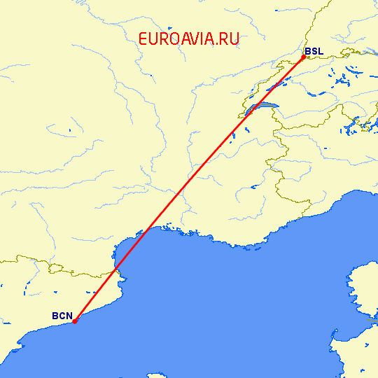 перелет Барселона — Базель-Мюлуз на карте