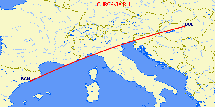 перелет Барселона — Будапешт на карте