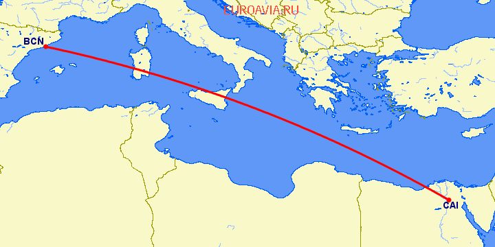перелет Барселона — Каир на карте