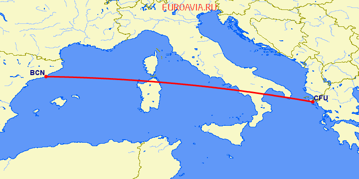 перелет Барселона — Керкира на карте