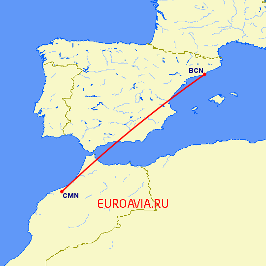 перелет Барселона — Касабланка на карте