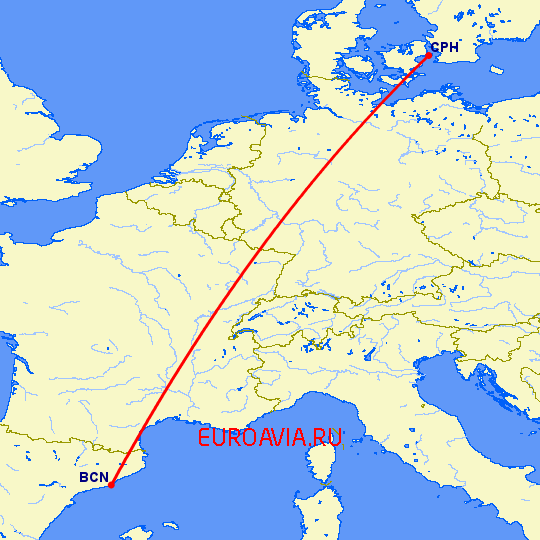 перелет Барселона — Копенгаген на карте